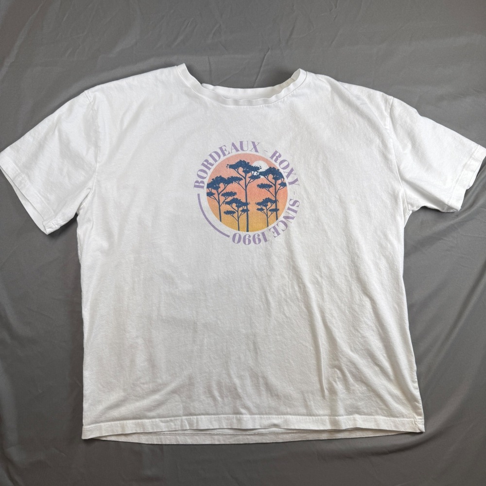 Roxy Graphic Tee Bordeau Roxy Since 1990‎ Palm Trees Sunset Women Medium White